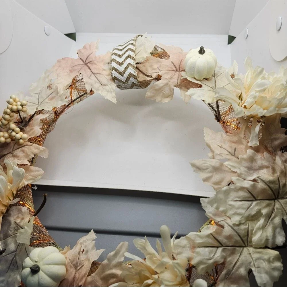 Hand Crafted Ivory Chrysanthemum Pumpkin Floral Wreath Summer Door Wall